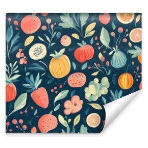 A vibrant floral pattern featuring assorted fruits and foliage against a dark background, ideal for textile and wallpaper designs.