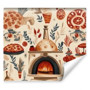 A repeating design of vintage-style pizza ovens, dough, and toppings like pepperoni and mozzarella, arranged in an artistic retro pattern with warm, inviting colors."