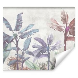 Tropical trees wallpaper design, banana leaf, landscape, pastel tones, mural art.