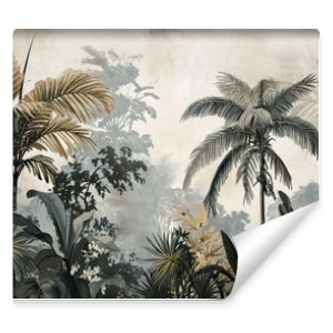 Watercolor pattern wallpaper. Painting of a jungle landscape.