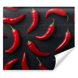 Top view of red chili peppers pattern on a black background resembling a chili wallpaper