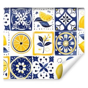 A seamless pattern of hand-painted ceramic tiles featuring lemons and Mediterranean motifs.