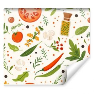 Flat design of kitchen ingredients like herbs and spices in a seamless pattern for culinary themes.