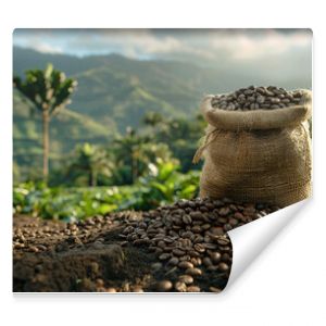 Coffee bean bag in focus. A high-quality photo of a coffee bean bag with a blurred coffee plantation background.