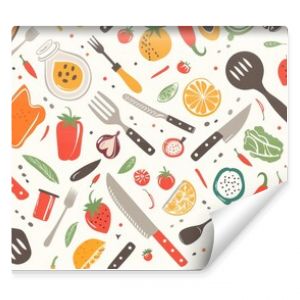 Flat design of kitchen utensils and food items in a seamless pattern, ideal for culinary themes.