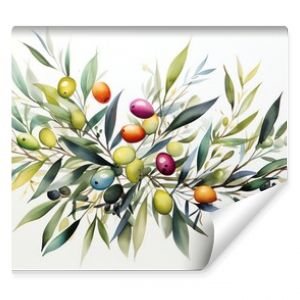 Watercolor painting of olive branches with green, purple, and orange olives.