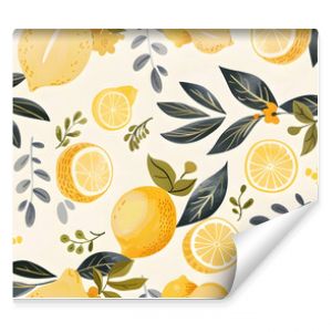 A seamless pattern featuring hand-drawn lemons and green leaves with a touch of yellow berries, creating a fresh and vibrant design. Perfect for summer-themed projects, backgrounds, and culinary desig