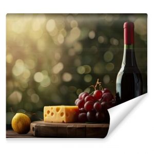 Elegant still life with wine bottle, cheese, grapes, and fruit on wooden board in natural light.