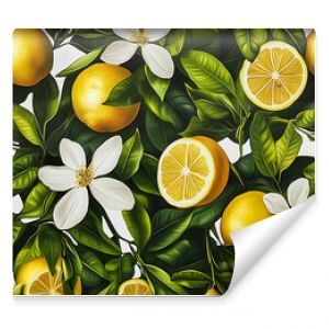 Seamless botanical pattern featuring vibrant yellow lemons with rich green leaves and delicate white blossoms, ideal for fabric prints, wallpaper, and home decor designs