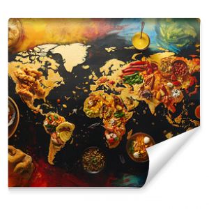 background with a world food map, showcasing different cuisines represented by their respective countries, in a colourful, layout