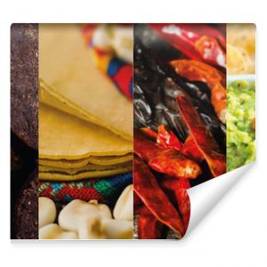 Mexican food: Collage of typical dishes of Mexico including tacos, guacamole, chocolate, birria, chili, tortilla and bacalao a la vizcaina