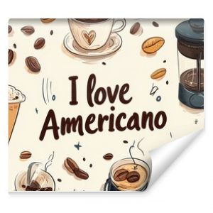 Seamless pattern featuring coffee cups, beans, and the phrase 'I love Americano' in an artistic style