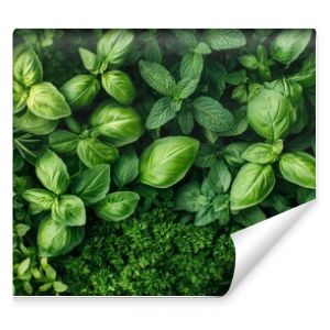 Lush Green Herbs - Basil, Mint, Rosemary, Parsley Texture Background.