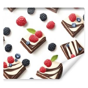 Seamless pattern featuring slices of chocolate cake topped with fresh berries on a clean white background perfect for designs and culinary themes