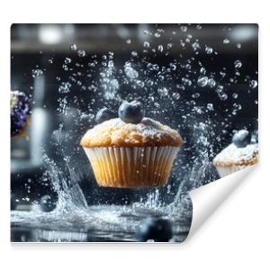 A Close-up of a Blueberry Muffin Suspended in Mid-Air, Surrounded by Water Droplets and Powdered Sugar, with a Blurred Background of a Kitchen