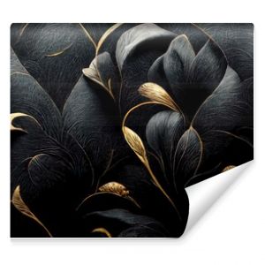 Black and gold, luxury background, floral shapes, black silk texture with golden motifs, 4k abstract luxurious design, 3D render, 3D illustration