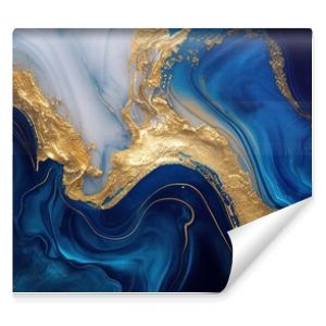 Abstract blue marble texture with gold splashes, blue luxury background