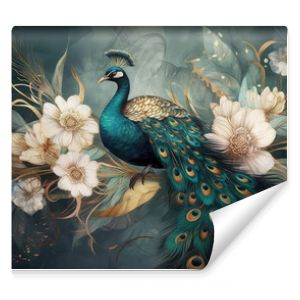 modern interior mural painting wall art decor abstraction wallpaper with white, dark green and golden tropical palm leaf branches and flowers with feathers peacock bird 