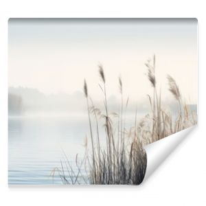 Beautiful serene nature scene with river reeds fog and water