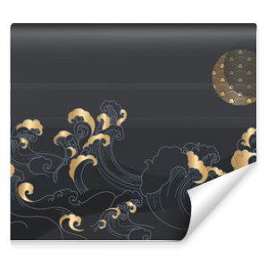 vector illustration of an abstract background Japanese  golden wave in dark night with half moon 