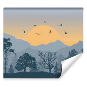 Beautiful forest on background of mountains and sunset and flying birds, silhouettes. Vector illustration