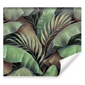 Tropical seamless pattern with beautiful palm, banana leaves. Hand-drawn vintage 3D illustration. Glamorous exotic abstract background design. Good for luxury wallpapers, cloth, fabric printing, goods