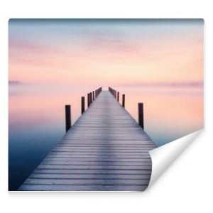 A straight flat simplistic rectangular lake dock, beautiful sunrise, foggy, calm water. Nature relax wallpaper.