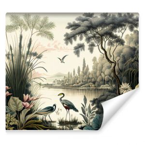 Vintage wallpaper featuring a forest landscape with lake, vegetation, trees, birds and herons.