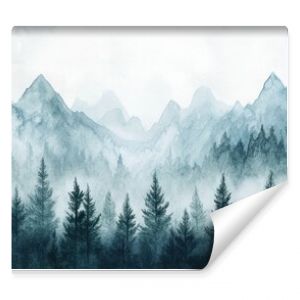 Watercolor of landscape forest misty mountains horizon and fog and hills,pine tree fir tree,Autumn forest background,drawn by hand,Autumn illustration design elements for landscape,wallpaper.