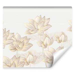 Luxury wallpaper design with Golden lotus and natural background. Lotus line arts design for wall arts, fabric, prints and background texture, Vector illustration.