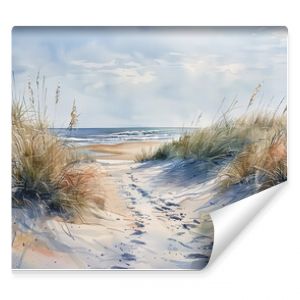 Realistic Sea beach background in watercolor style pink, blue beige pastel color, muted tones. Painting of sand dunes, path with foot step & sea. Sea side art banner with copy space.