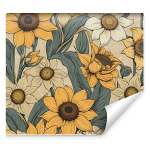 Timeless Botanical Charm: Sunflowers and Daffodils in a Vintage Floral Pattern