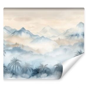 Serene watercolor landscape of misty mountains and palm trees with soft, muted tones, creating a peaceful and tranquil scene.