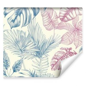 A repeating pattern of detailed botanical line drawings of exotic plants from old-world explorations, colored in subdued tropical hues.