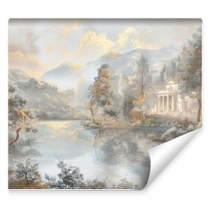 Baroque mural of a countryside scene in muted tones and gold on a soft backdrop