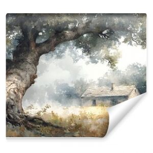 Hidden house under a large fallen tree, roots exposed, aftermath of a storm, watercolor style, soft edges, muted palette, serene yet haunting atmosphere