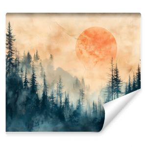 Forest landscape on retro paper texture, nature background