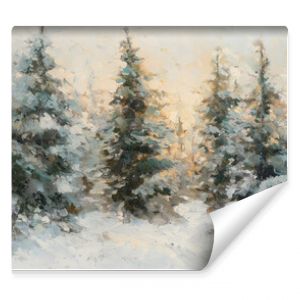 Serene winter landscape featuring fir trees dusted with snow in soft greens and warm golden lights