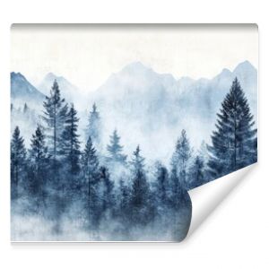 Serene mountain landscape painting, foggy forest and misty peaks misty