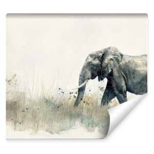 Watercolor Illustration of an Elephant Walking. Quiet Grassland Setting.