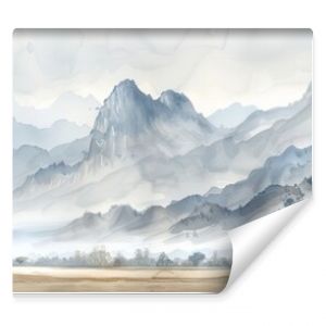 Serene watercolor painting of a misty mountain landscape, capturing tranquil beauty and natural harmony in soft, muted tones.