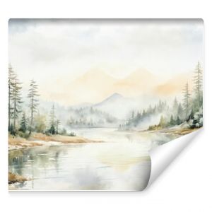 Watercolor painting beautiful landscape lake foreground surround