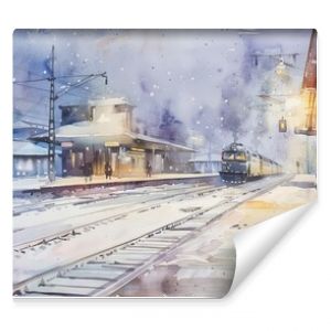 Gentle watercolor of a quiet, snowy railroad station with a diesel train parked, the tranquil scene illuminated by soft station lighting