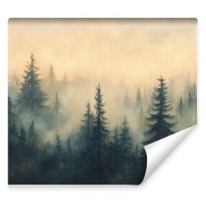 Vintage-inspired misty landscape, with a dense fir forest under a soft haze, evoking a sense of mystery and nostalgia.