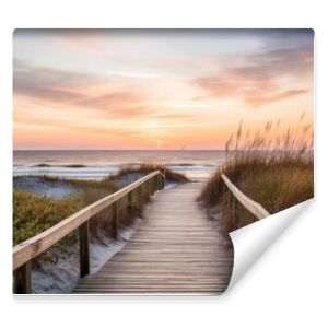 Empty wooden walkway on the ocean coast in the sunset time, pathway to beach, Generative AI illustration