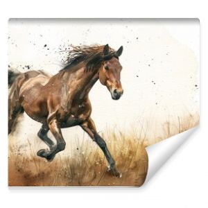 Watercolor Illustration of a Horse in Full Gallop. Serene and Dynamic Scene in Natural Hues.