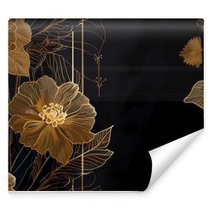 An elegant and luxurious illustration featuring a background with gold flowers made of thin golden lines on a dark background, creating a delicate floral texture. This illustration exudes opulence and