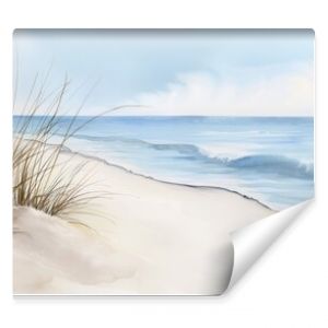 A serene beach scene rendered in watercolor, showing the fluid transitions between colors, soft brush techniques, and the artist's palette capturing the essence of the seaside