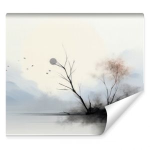 Minimalist landscape with trees, birds, and soft pastel tones