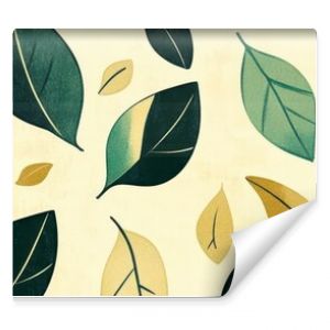 Seamless pattern of green and yellow leaves on a beige background